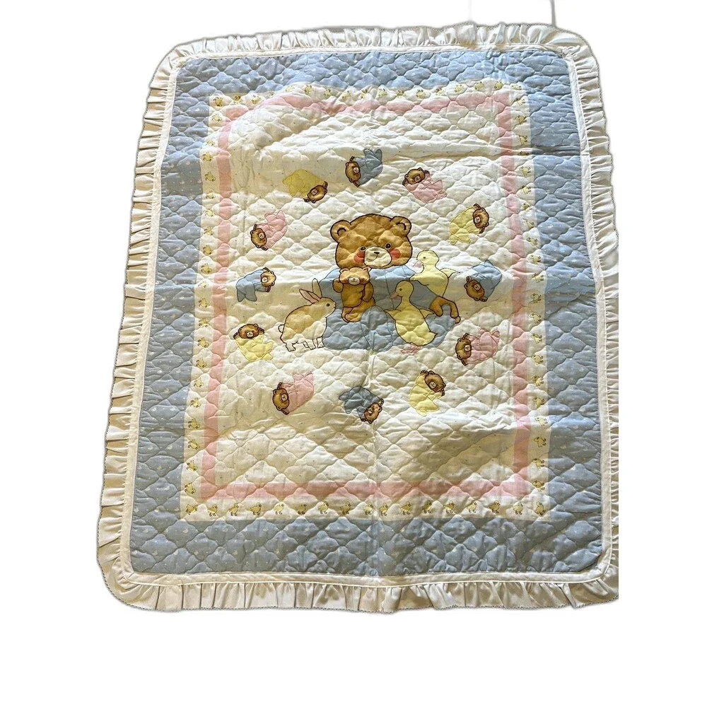 Vtg Handmade Nursery Panel Baby Quilt with Ruffle Custom Cottagecore Teddy Bear